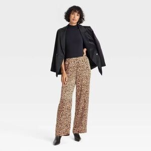 A New Day Women's Leopard Mid Rise Straight Leg Satin Pull On Pants Size Large